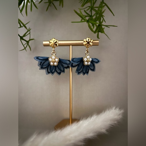 Elegant Blue Flirty Tassel Fabric Dangle Earrings - Romantic Floral Earrings - Picture 11 of 11